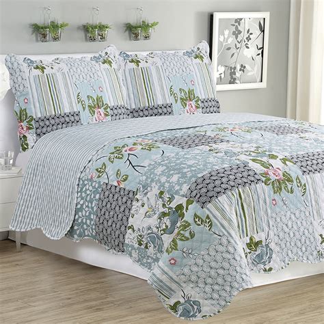 kim  piece quilt bedspread set queen king size silver bird floral walmartcom