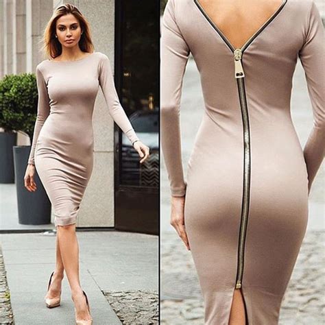 sexy skinny dress women zipper closure backside vestido long sleeve