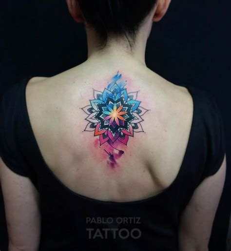 Vibrant Watercolor Mandala Back Piece Best Tattoo Design Ideas