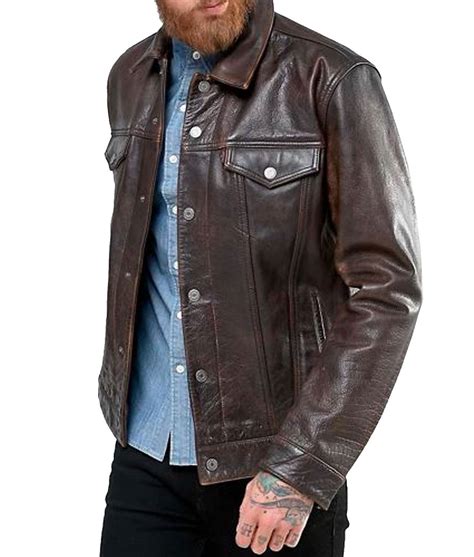 mens shirt collar brown leather trucker jacket jackets creator