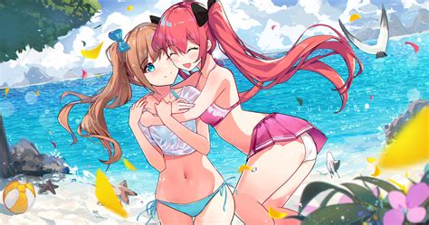 2girls Aqua Eyes Ball Beach Bikini Date A Live Hug Itsuka Kotori Shoujo