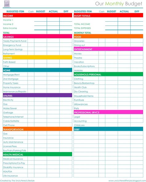 images  printable family monthly budget sheets