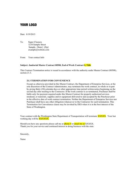 sample letter  termination  contract  cleaning