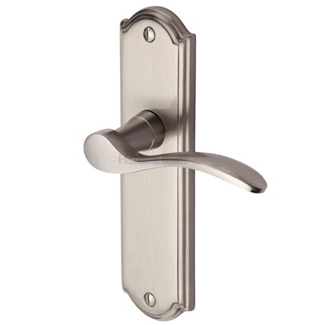 heritage brass door handle lever latch howard design satin nickel finish prestige hardware