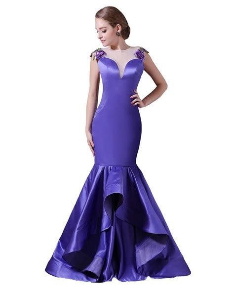 mermaid scoop neck sweep train satin prom dress with appliques lace