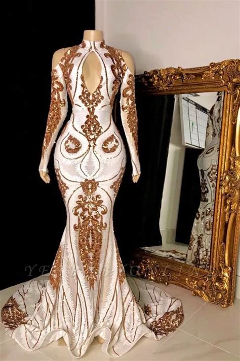 white  gold high neck keyhole long sleeves mermaid prom dresses mermaid formal gowns prom