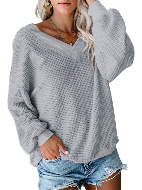 Himone Off Shoulder Blouse Pullover For Womens Top Sweater Waffle Knit