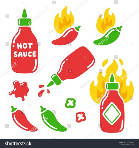 Hot Sauce Bottles And Chili Peppers Cartoon Illustration Set Simple