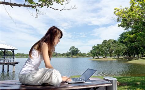 women model brunette long hair women outdoors white dress asian trees laptop sitting water