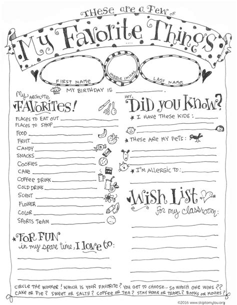 teacher favorite  questionnaire printable skip   lou