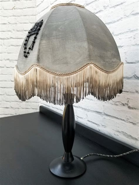 Black Table Lamp With Grey Ombre Fringed Lamp Shade Etsy