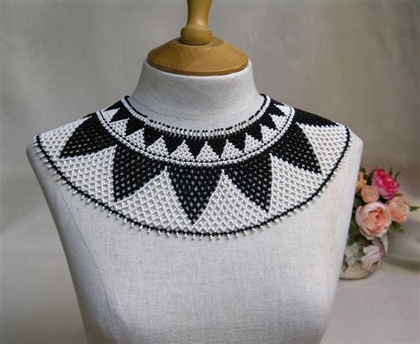 seed bead collar vintage black and white design hook and etsy