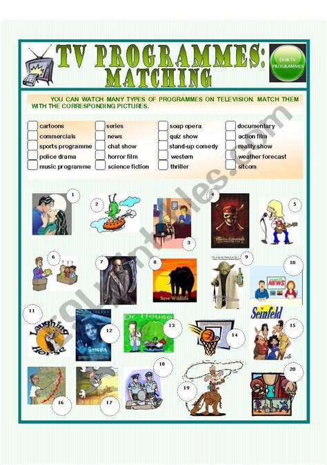 tv programmes esl vocabulary matching exercise worksheet vocabulary