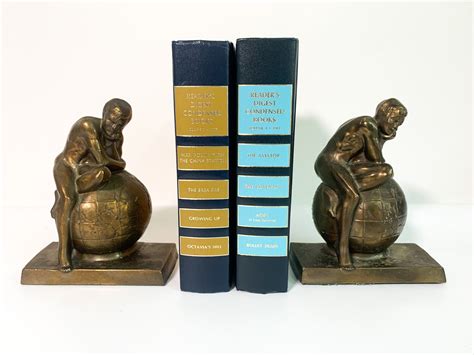 vintage brass bookends brass world globe man library office decor