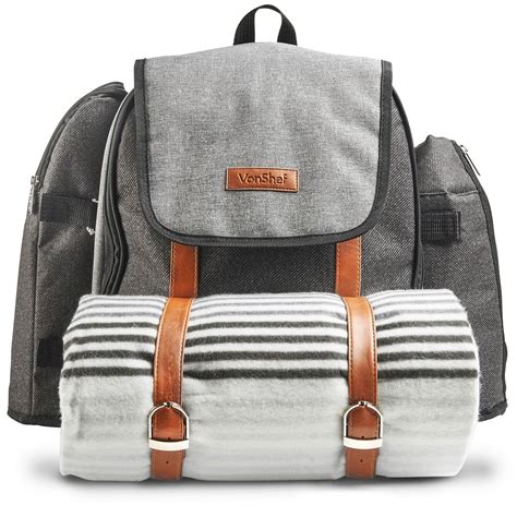 vonshef 4 person picnic backpack set with waterproof blanket premium woven grey 482428214625 ebay