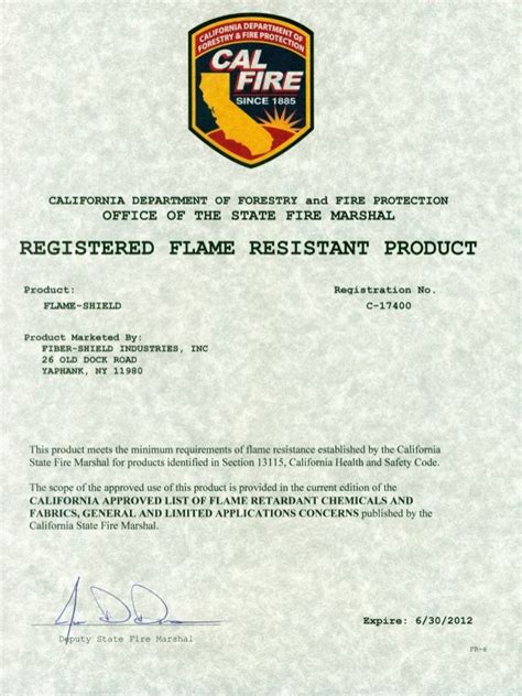 california registered flame resistant certificate