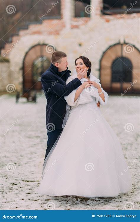 Winter Wedding Portrait Loving Young Groom Gently Touching His