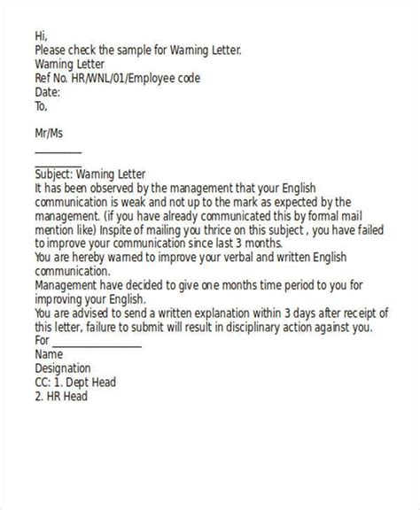 template warning letter employee poor performance hq printable documents