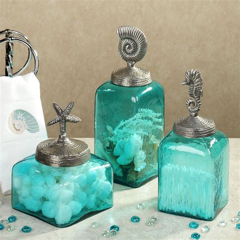 Sealife Glass Decorative Jar Set Turquoise Bathroom Mermaid Bathroom