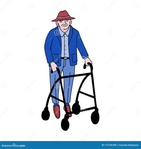 man walking  rollator stock vector illustration  cheerful grandpa