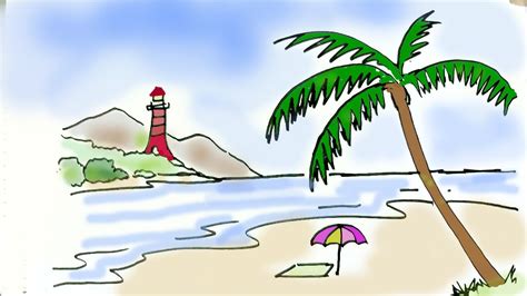 draw  beach scene  easy steps  children beginners youtube