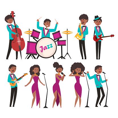 cartoon jazz artists characters singing  playing  musical instruments contrabassist drummer