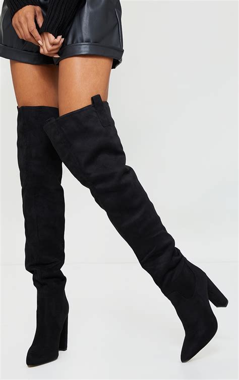 black faux suede flat over knee boots prettylittlething usa