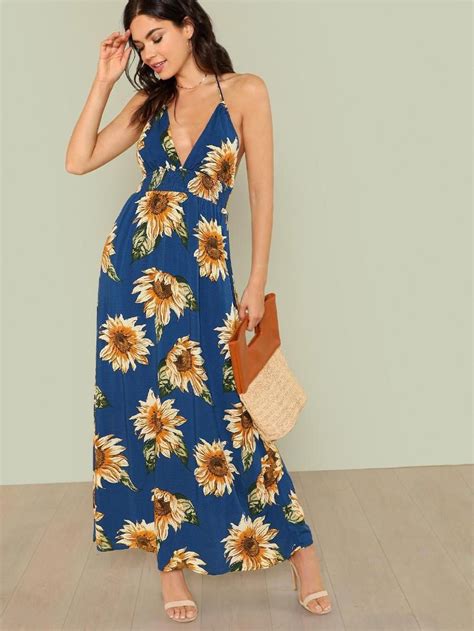 Sunflower Print Halter Strap Maxi Dress Shein Sheinside