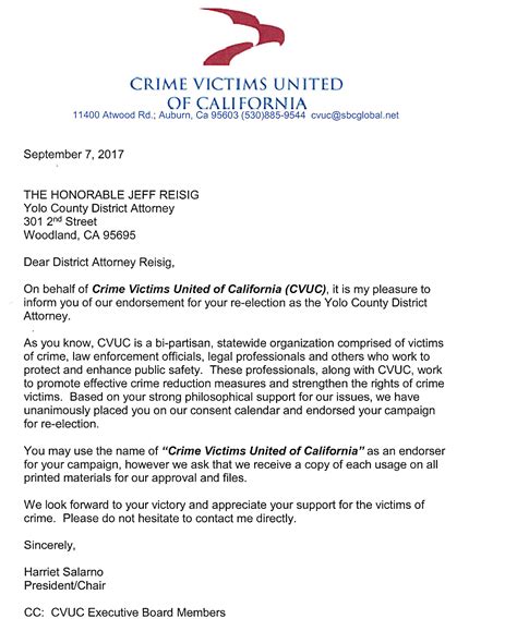 crime victims united  california endorsement letter jeff reisig