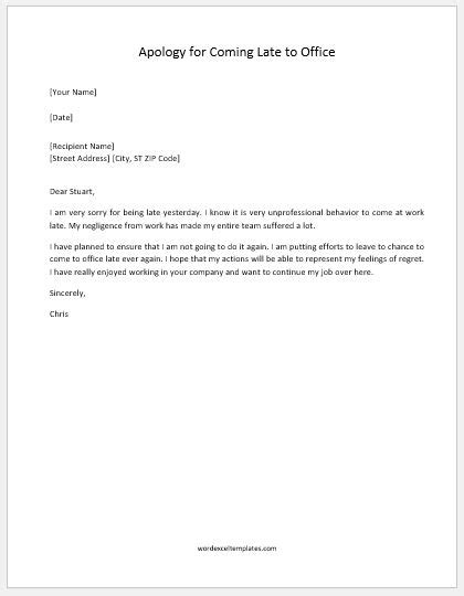 apology letter  coming late  office word excel templates