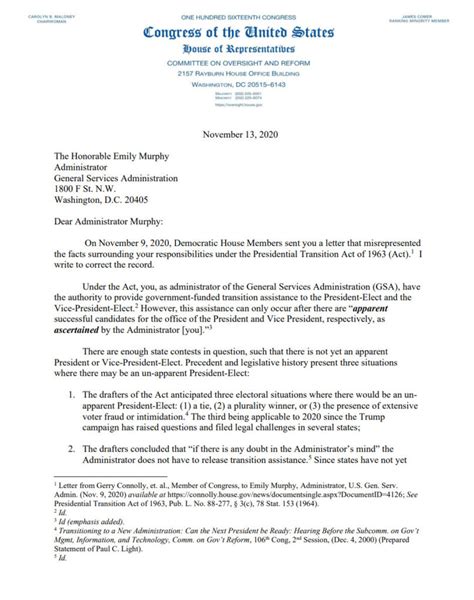 congressional letter declaring  apparent president elect  gsa  november
