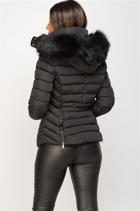 womens black puffer jacket  faux fur hood  quilted detail styledupcouk