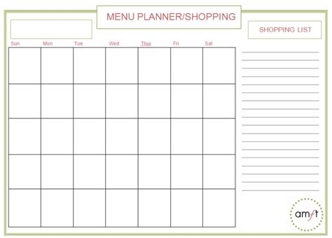 monthly  weekly menu planners  printables amft