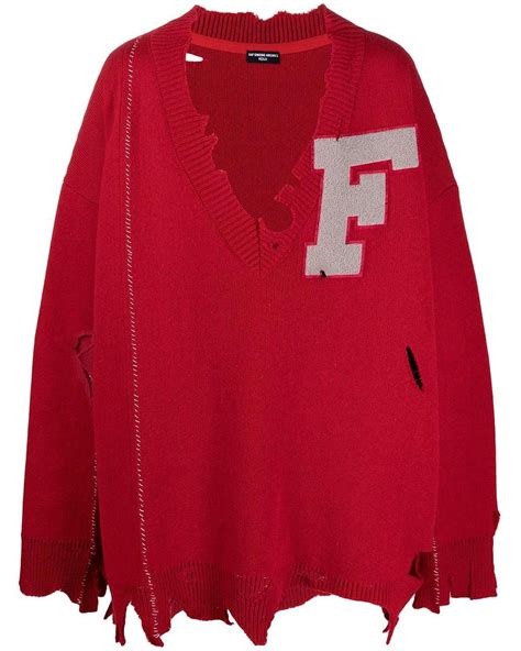 raf simons wool  patch distressed oversized jumper  red  men lyst