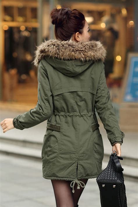 womens winter coats faux fur lining parka  fur hood  green  luulla