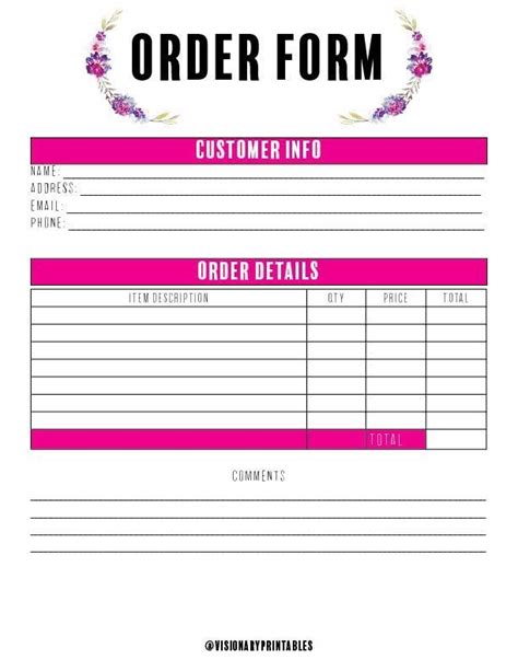 order form     business printables business template