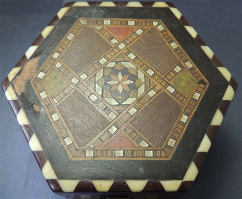 hexagon shaped box  wooden  ivory inlay collectors weekly