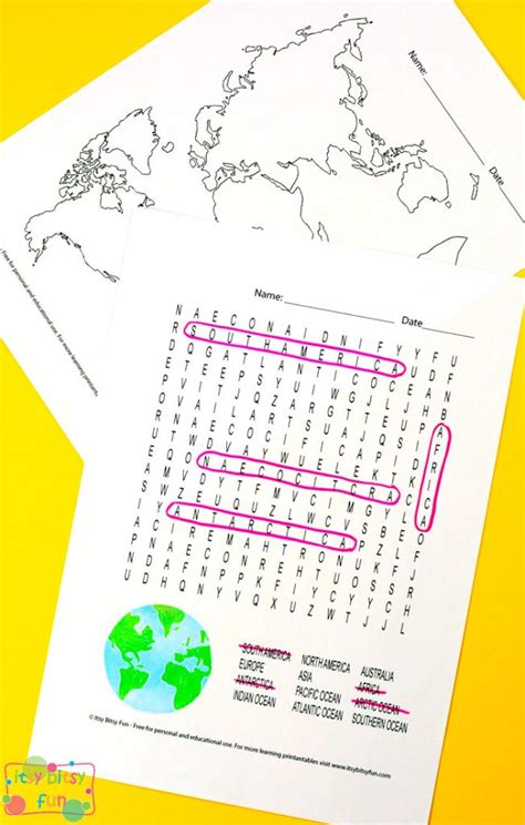 continents  oceans worksheets  word search quiz