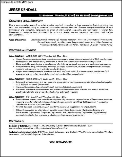 legal assistant resume sample templates sample templates