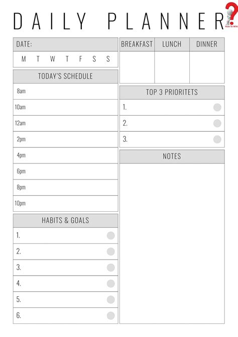 printable daily planner template  excel word howtowiki