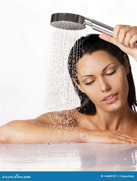 Beautiful Brunette Woman Holds Shower In Hands Stock Image Image Of