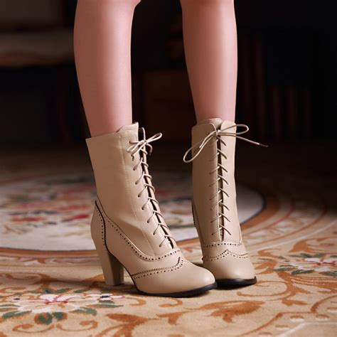platform thick   heel  toe lace  mid calf pu leather retro women boots  luulla
