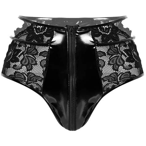 Iefiel Women Black Sexy High Waist Shiny Leather Underwear Hollow Out