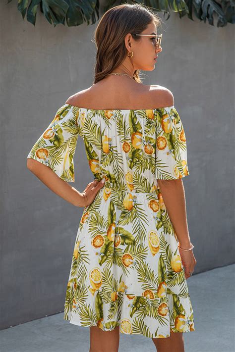 Off The Shoulder Flower Dress With Short Sleeve Design In