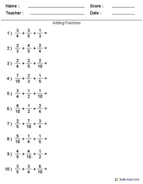 adding fractions worksheets  answer key worksheets master