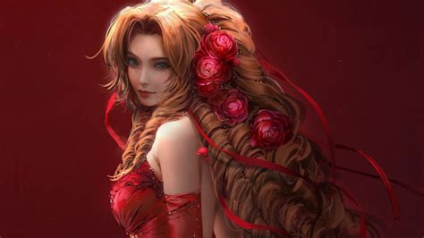 aerith gainsborough final fantasy long hair red dress hd final fantasy