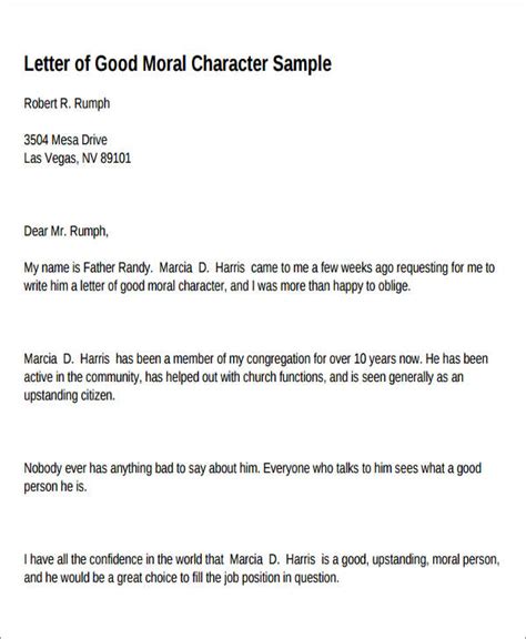moral character letter sample  template