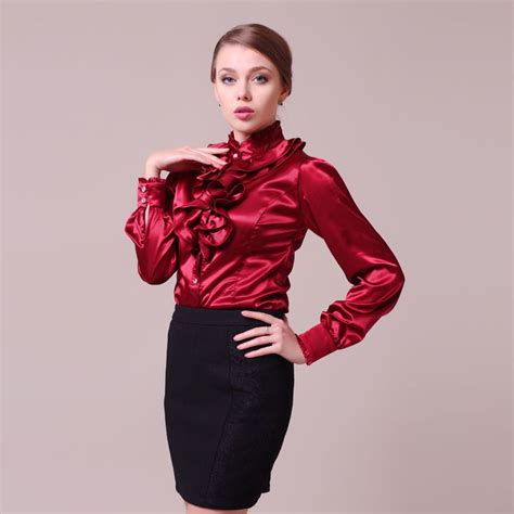 satin blouse ruffles red with black pencil skirt
