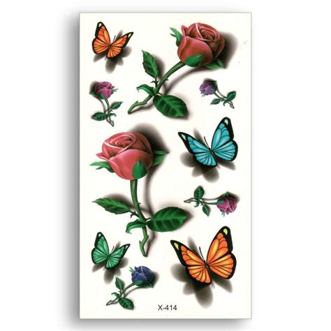 red rose fake temporary tattoo water transfer colorful butterfly