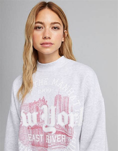 bershka  york slogan sweatshirt  gray asos